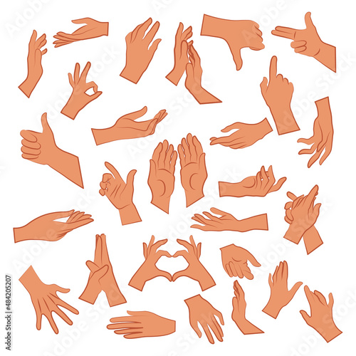 Set of miscellaneous women hands gestures simple colour. Vector Illustration of female hands for create logos, prints and other designs on white background