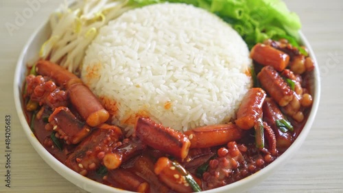 Ojing-O-Bokeum - Stir-fried squid or octopus with Korean spicy sauce rice bowl - Korean food style photo