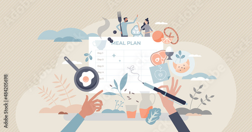 Meal planning and weekly healthy food diet organization tiny person concept. Week menu for weight care, fitness and responsible slimming vector illustration. Nutrition management weekly control notes.