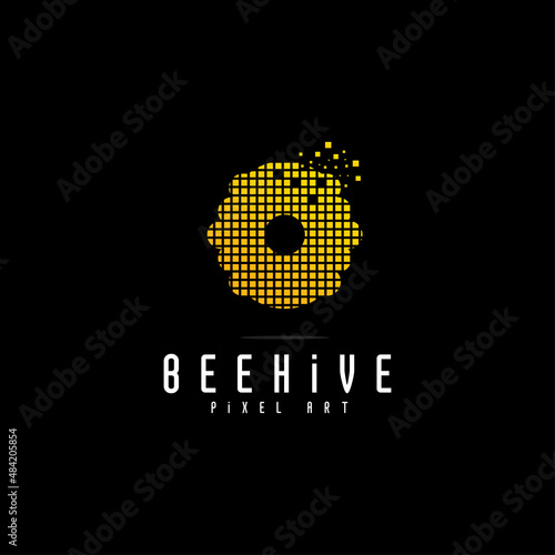 digital honey logo design, bee hive pixel logo, modern technology, on dark background