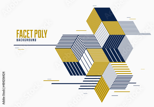 Linear striped abstract vector dimensional 3D background with isolated retro style graphic element with cubes and triangles. Template for poster or banner, cover or ad.