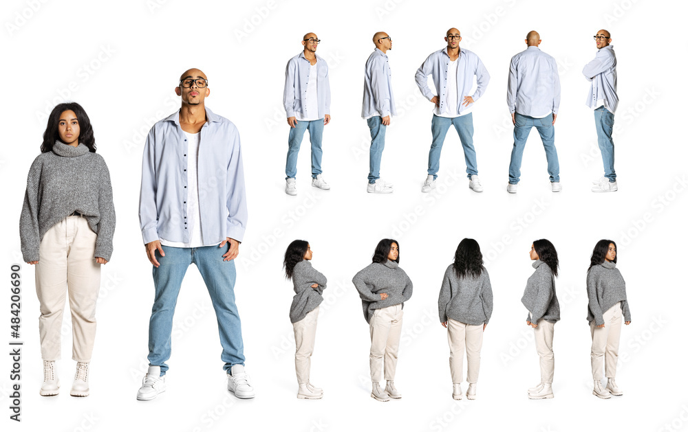Obraz premium Photo set with images of young stylish man and girl wearing casual style clothes standing isolated over white background. Profile, front and rear view.