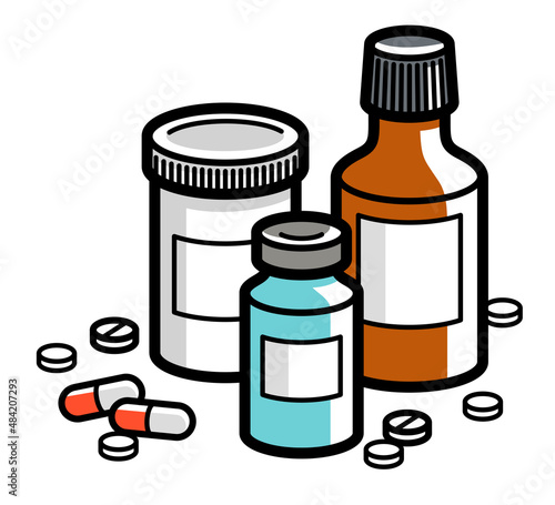 Medicine pharmacy theme medical bottles 3d vector illustration isolated, medicaments and drugs, health care meds cartoon, vitamins or antibiotics, simple linear design.