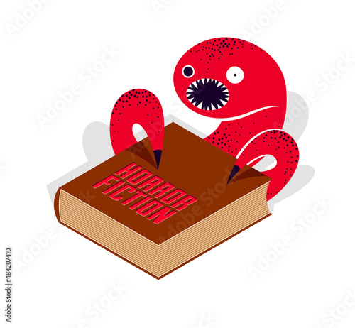 Horror fiction book with creepy creature monster getting out of pages vector illustration 3d isometric, literature concept, thrilling reading concept.