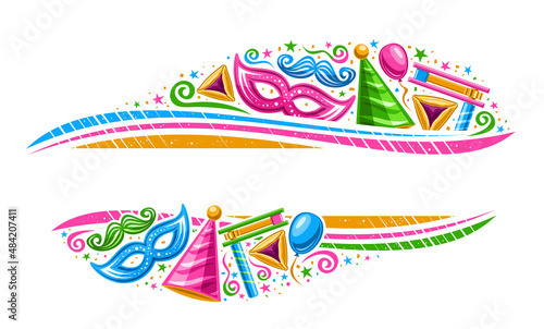 Vector Border for Purim Carnival with copy space for text, horizontal banner with illustration of variety vivid purim symbols, decorative confetti and sweet haman's ears for purim on white background