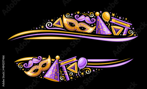 Vector Border for Purim Carnival with copyspace for text, horizontal banner with illustration of various purple purim symbols, decorative  confetti and sweet haman's ears for purim on dark background