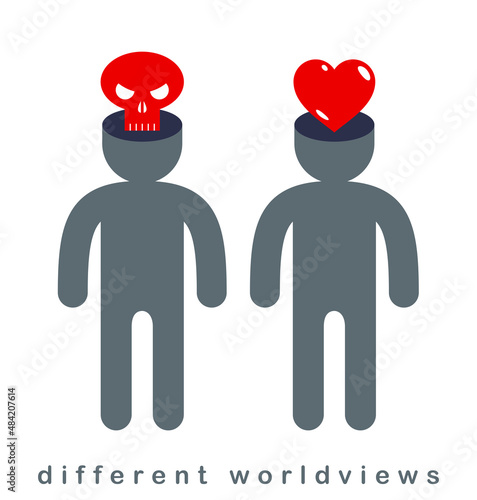 Different worldviews concept with two men good and bad displaying their minds with death skull and heart of love vector, life and death, destructive and constructive.