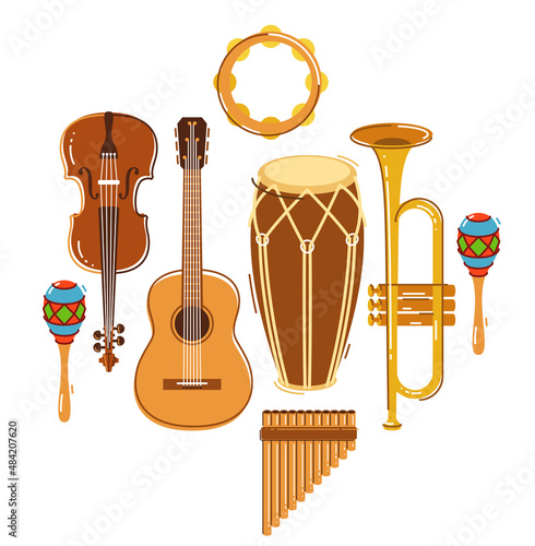 Latin music band salsa vector flat illustration isolated over white background, live sound festival concert or night dancing party, Brazil or Cuban musical fiesta theme.