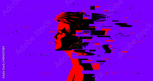 Woman profile with glitch dynamic particles in motion vector illustration, mindfulness philosophical and psychological theme, neural network, technology or psychology concept.