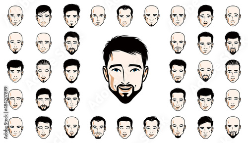 Handsome men faces and hairstyles heads vector illustrations set isolated on white background, guy happy attractive beautiful faces avatars collection with different haircuts.