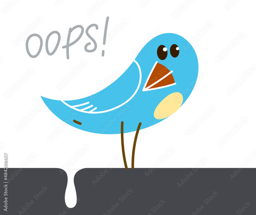 Fototapeta premium Little cute bird poo humorous cartoon flat vector illustration isolated on white, failure and shame funny concept.