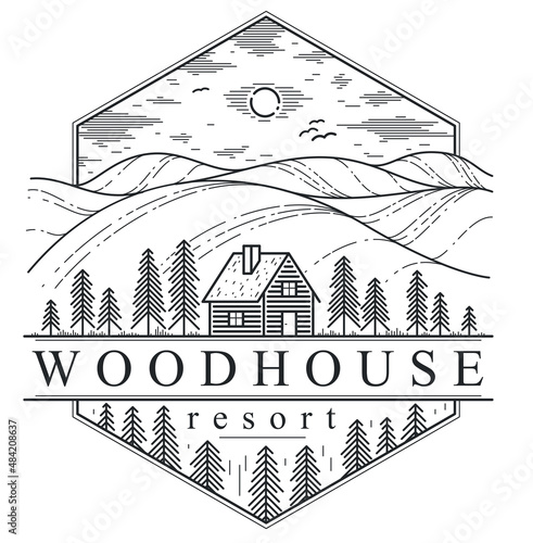 Cabin in grasslands and meadows linear vector nature emblem isolated on white, pine forest log cabin cottage for rest, holidays and vacations theme line art logo, beauty in nature, woodhouse resort.