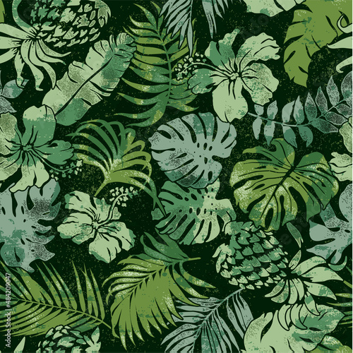 Tropical flower leaf pineapple patchwork grunge vintage vector seamless pattern 