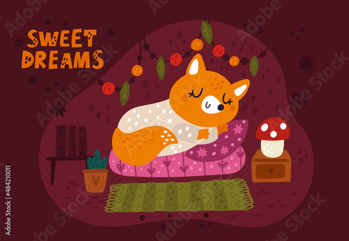 Animal in a hole. Cute fox cub in a cozy house. Sleeping foxy vector illustration in cartoon style. Sweet dreams card, poster, print for girl or boy kids