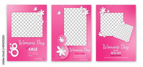 Set of Womens Day Sale social media post template. Web banner, flyer or poster.Social media post templates for women's day.Square social media banner post template.With place for the photos.
