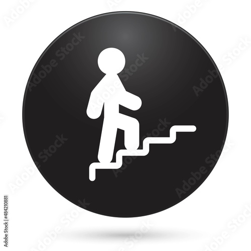 Man and ladder up icon, black circle button, vector illustration.