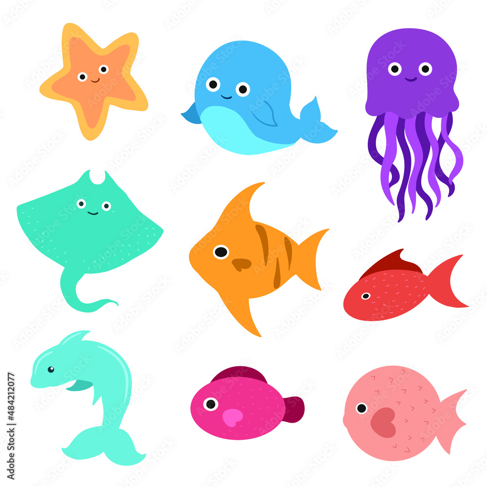 Underwater world with fish, stingrays, dolphins, octopuses and whales. Vector cute illustration of the ocean or sea. A set of marine and ocean underwater animals Underwater world with fish, stingrays, dolphins, octopuses and whales. Vector cute illustration of the ocean or sea. A set of marine and ocean underwater animals