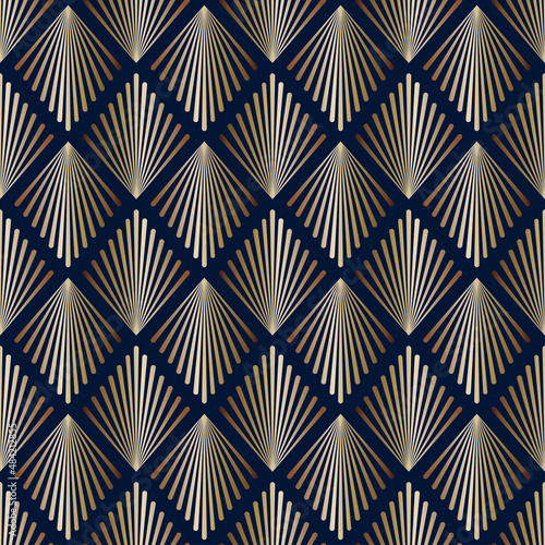 Seamless geometric pattern, art deco style. Gradient, gold, dark blue background, vector