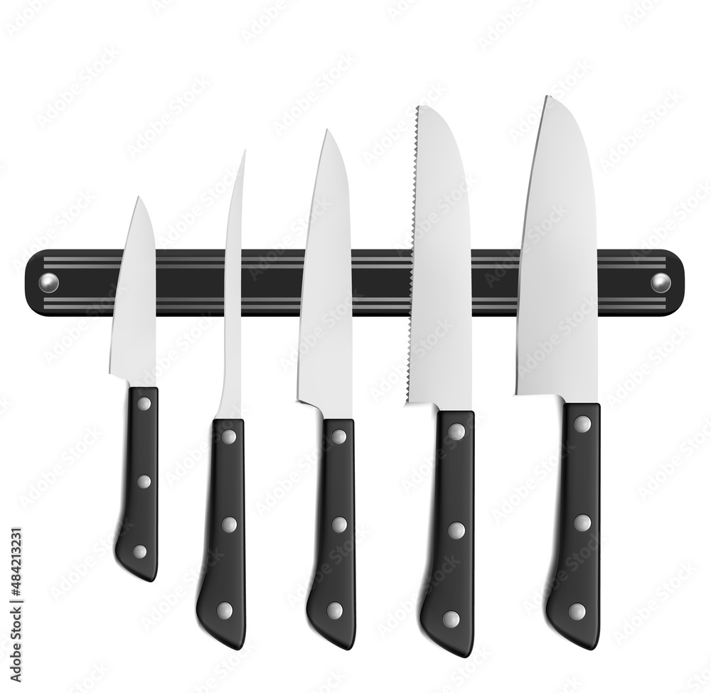 Sharp kitchen knives set with plastic handles. basic kitchenware to cut