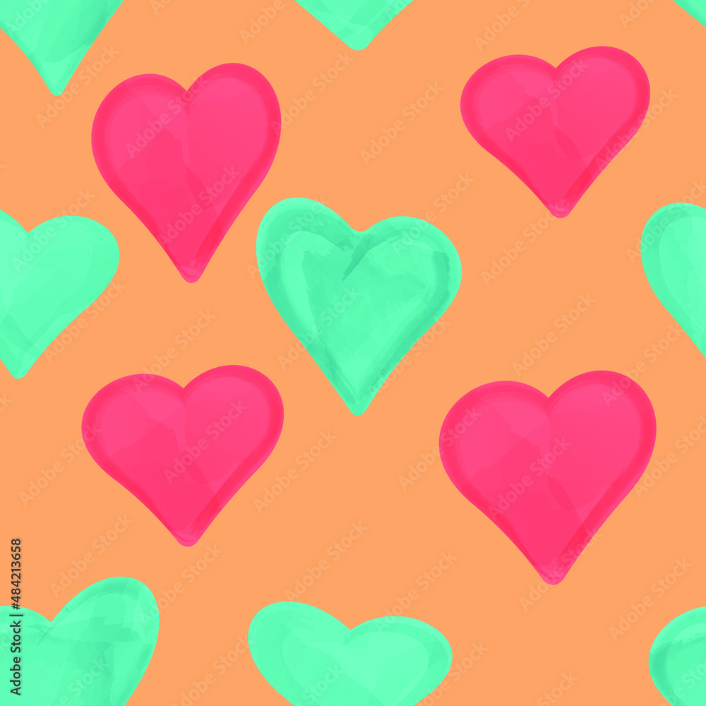watercolor heart pattern.  pattern of blue and pink hearts painted in watercolor