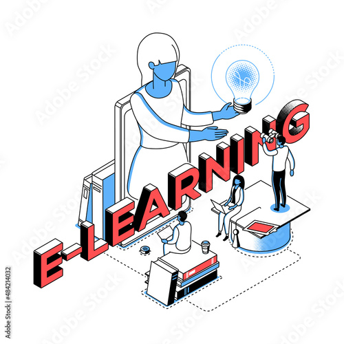 E-learning concept - modern line isometry design style illustration