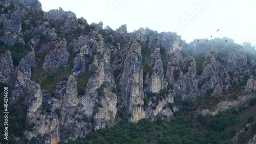 Erosion landscape with fog and griffon vultures flying overhead in the Valdivielso Valley. The Meringues. Burgos, Castilla y Leon, Spain, Europe photo