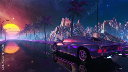80s retro futuristic drive seamless loop with vintage car. Stylized sci-fi landscape race in outrun VJ style, night sky. Vaporwave 30 fps 3D animation background for EDM music video, DJ set, club. 4k photo