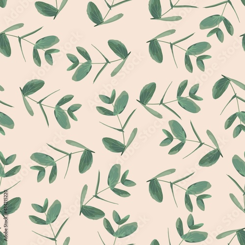 Seamless pattern with different branches of Eucalyptus Silver Dollar on a beige background. Illustration of greenery, foliage and natural leaves. Template for floral textile design.