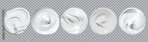 Realistic Creamy swirl shape set isolated on transparent background . White mousse or foaming milk gel drops . beauty body product vector texture forms