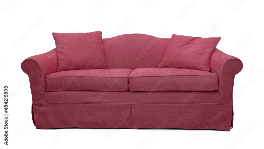 Obraz premium Pink sofa with two pillows isolated on white background. Pink classic style couch with upholstery cover