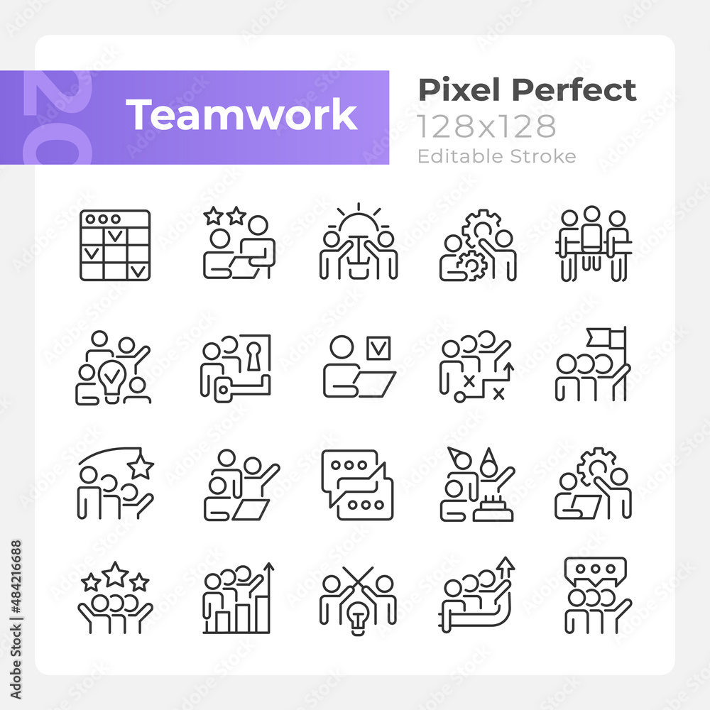Teamwork pixel perfect linear icons set. Cooperation on project. Collaboration for work goals. Customizable thin line symbols. Isolated vector outline illustrations. Editable stroke