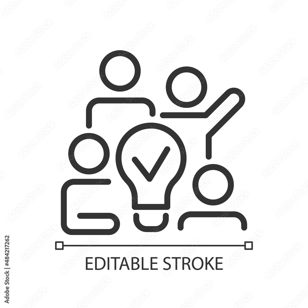 Team brainstorming pixel perfect linear icon. Innovative strategy for group cooperation. Thin line illustration. Contour symbol. Vector outline drawing. Editable stroke. Arial font used Team brainstorming pixel perfect linear icon. Innovative strategy for group cooperation. Thin line illustration. Contour symbol. Vector outline drawing. Editable stroke. Arial font used