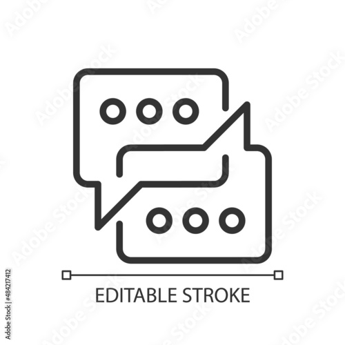 Sharing opinions pixel perfect linear icon. Discussion of project. Conversation for collaboration. Thin line illustration. Contour symbol. Vector outline drawing. Editable stroke. Arial font used
