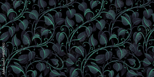Neon ivy leaves, dark glamorous foliage. Seamless pattern design. Floral tropical 3d illustration. Hand-drawn watercolor. Stylish luxury background, wallpapers, cloth, paper, mural, fabric printing.