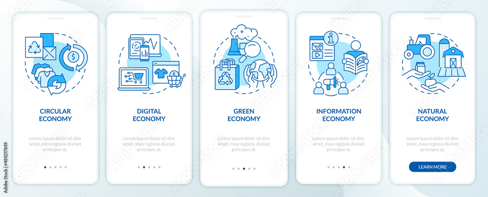 Economy models blue onboarding mobile app screen. Marketing strategy walkthrough 5 steps graphic instructions pages with linear concepts. UI, UX, GUI template. Myriad Pro-Bold, Regular fonts used
