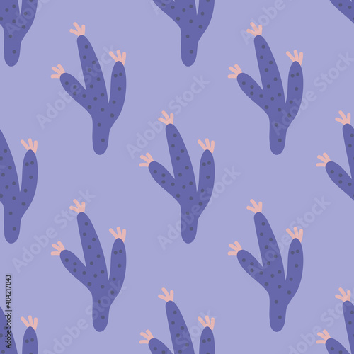 Very peri floral pattern. Tropicla cactus Safari plant in very peri color. Summer seamless background. Hand drawn natural fabric design. Vector illustration.