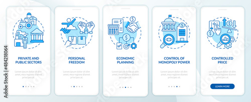 Mixed economy features blue onboarding mobile app screen. State, business walkthrough 5 steps graphic instructions pages with linear concepts. UI, UX, GUI template. Myriad Pro-Bold, Regular fonts used