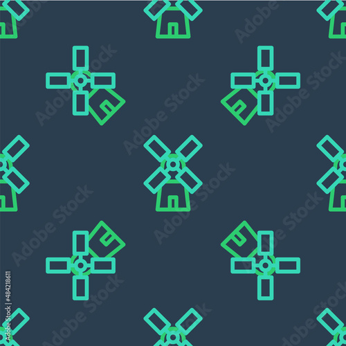 Line Windmill icon isolated seamless pattern on blue background. Vector