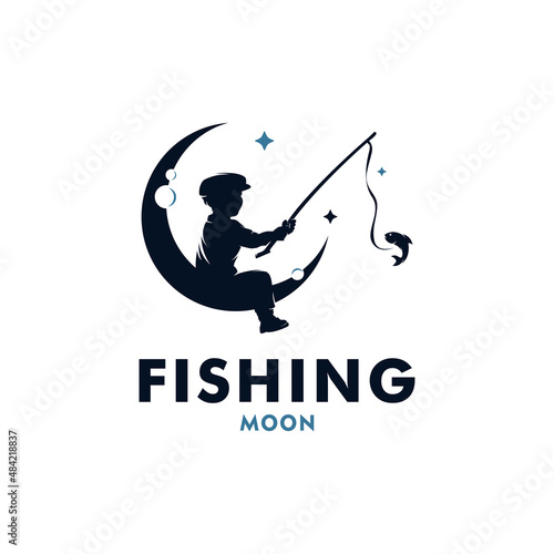 A boy fishing in the moon logo design vector