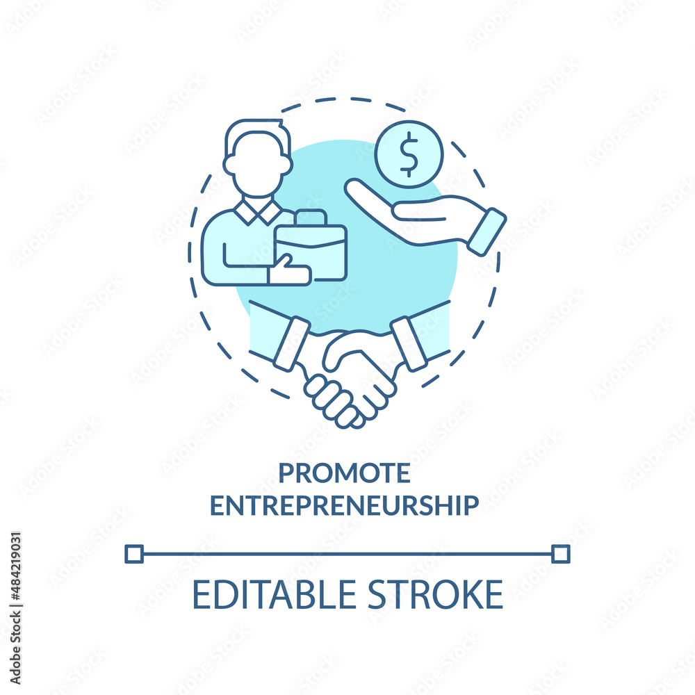 Promote entrepreneurship turquoise concept icon. Encourage business. Market economy abstract idea thin line illustration. Isolated outline drawing. Editable stroke. Arial, Myriad Pro-Bold fonts used Promote entrepreneurship turquoise concept icon. Encourage business. Market economy abstract idea thin line illustration. Isolated outline drawing. Editable stroke. Arial, Myriad Pro-Bold fonts used