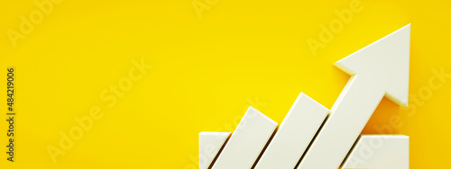 white arrow over yellow background, 3d render, progress way and forward achievement creative concept, panoramic layout