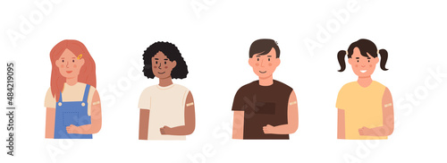 Elementary school kids got a vaccine. Group of diverse vaccinated pupils. Children vaccination. Little schoolkids with bandage on shoulder from injection. Vector set of characters flat illustration.