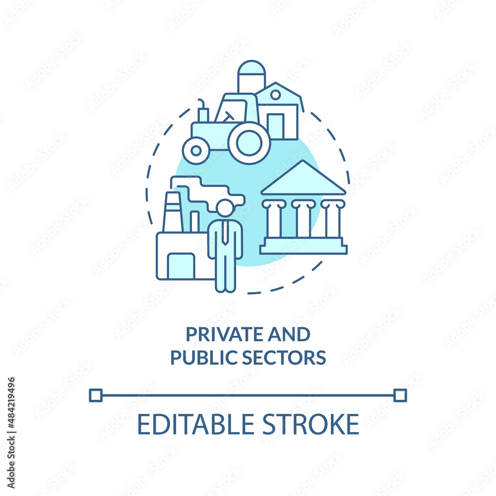 Private and public sectors turquoise concept icon. State intervention. Mixed economy abstract idea thin line illustration. Isolated outline drawing. Editable stroke. Arial, Myriad Pro-Bold fonts used