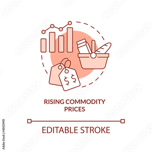 Rising commodity prices red concept icon. Primary product. Market economy cons abstract idea thin line illustration. Isolated outline drawing. Editable stroke. Arial, Myriad Pro-Bold fonts used