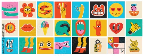 Big Set of Different colored Vector illustartions for posters in Cartoon Flat design. Hand drawn Abstract shapes, faces, different texture funny Comic characters.