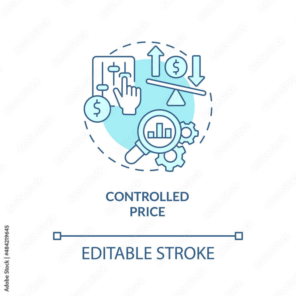 Controlled price turquoise concept icon. Price mechanism. Mixed economy features abstract idea thin line illustration. Isolated outline drawing. Editable stroke. Arial, Myriad Pro-Bold fonts used