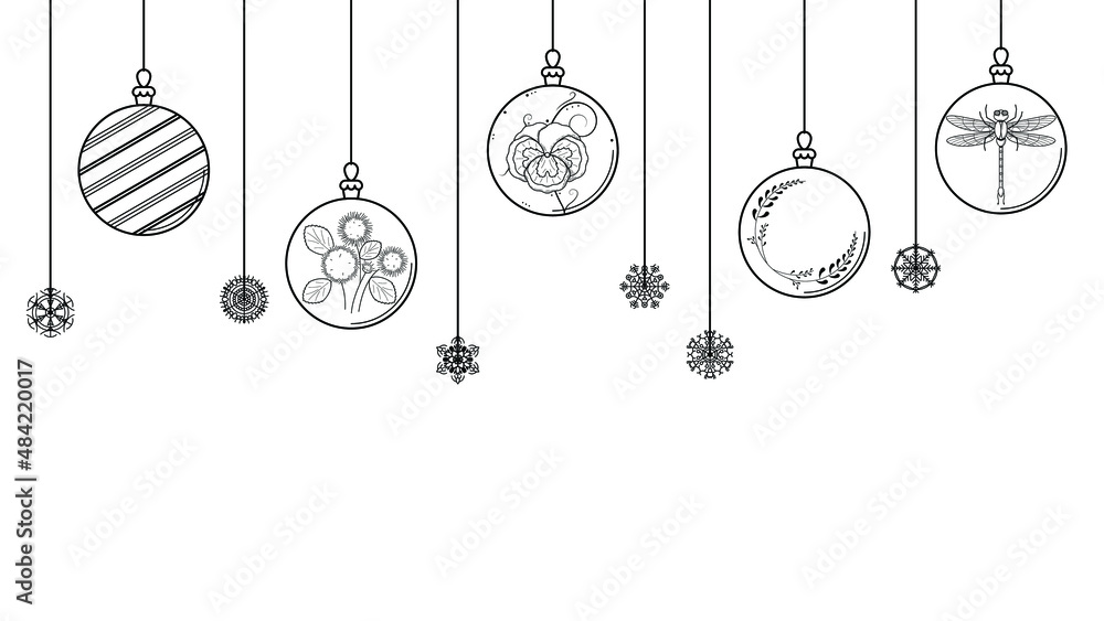 Black Doodle Outline Simple Line Abstract Merry Christmas Xmas Balls With Snowflakes Holiday Decorations Happy New Year Background Vector Design Style Black Doodle Outline Simple Line Abstract Merry Christmas Xmas Balls With Snowflakes Holiday Decorations Happy New Year Background Vector Design Style