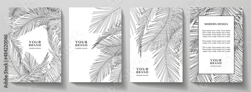 Tropical cover, frame design set with black line palm leaf pattern (palm tree leaves). Premium vector on white background useful for brochure template, exotic restaurant menu, invitation