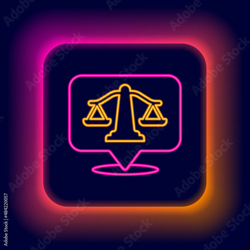 Glowing neon line Scales of justice icon isolated on black background. Court of law symbol. Balance scale sign. Colorful outline concept. Vector