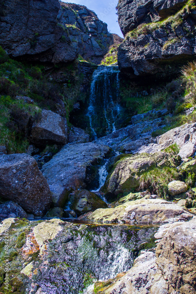 Cascade flowing down from the gap between the cliffs Cascade flowing down from the gap between the cliffs
